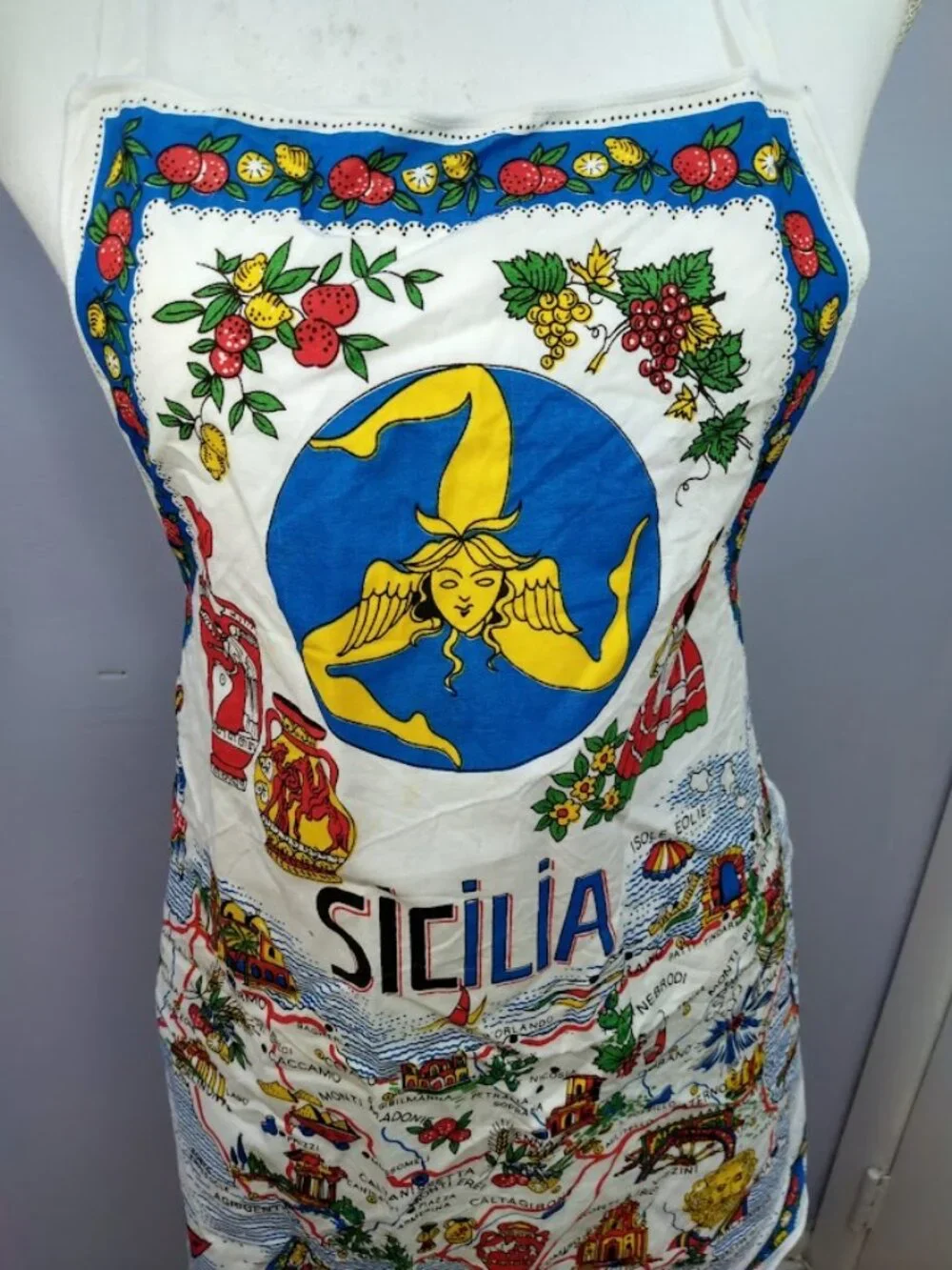 Vintage Kitchen Souvenir Apron Sicily Italian Map Folk Art Colorful Cotton